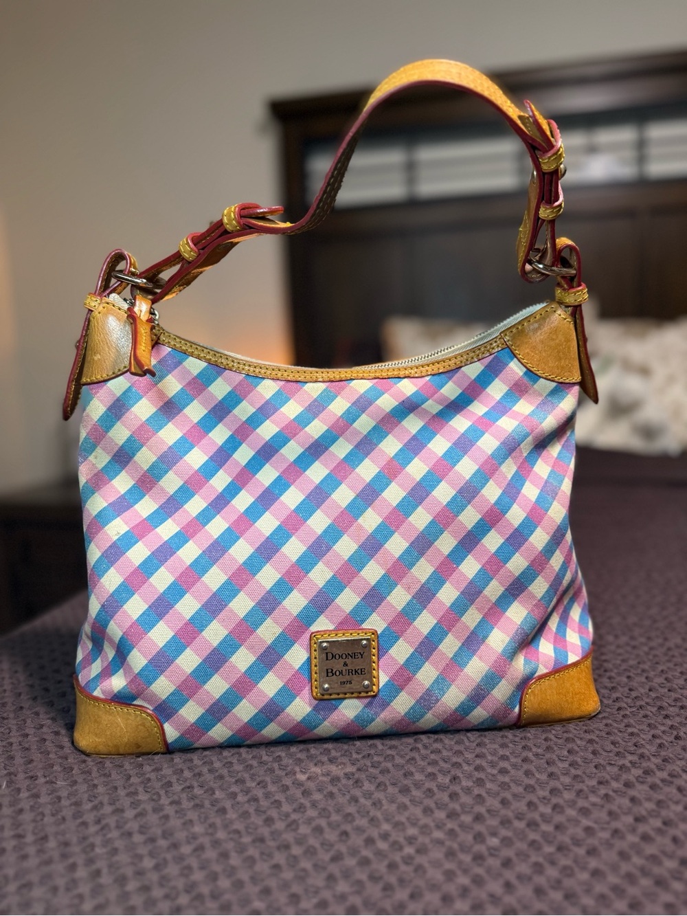 Dooney & Bourke Pink, Blue & White Gingham Shoulder Bag with Tan Trim